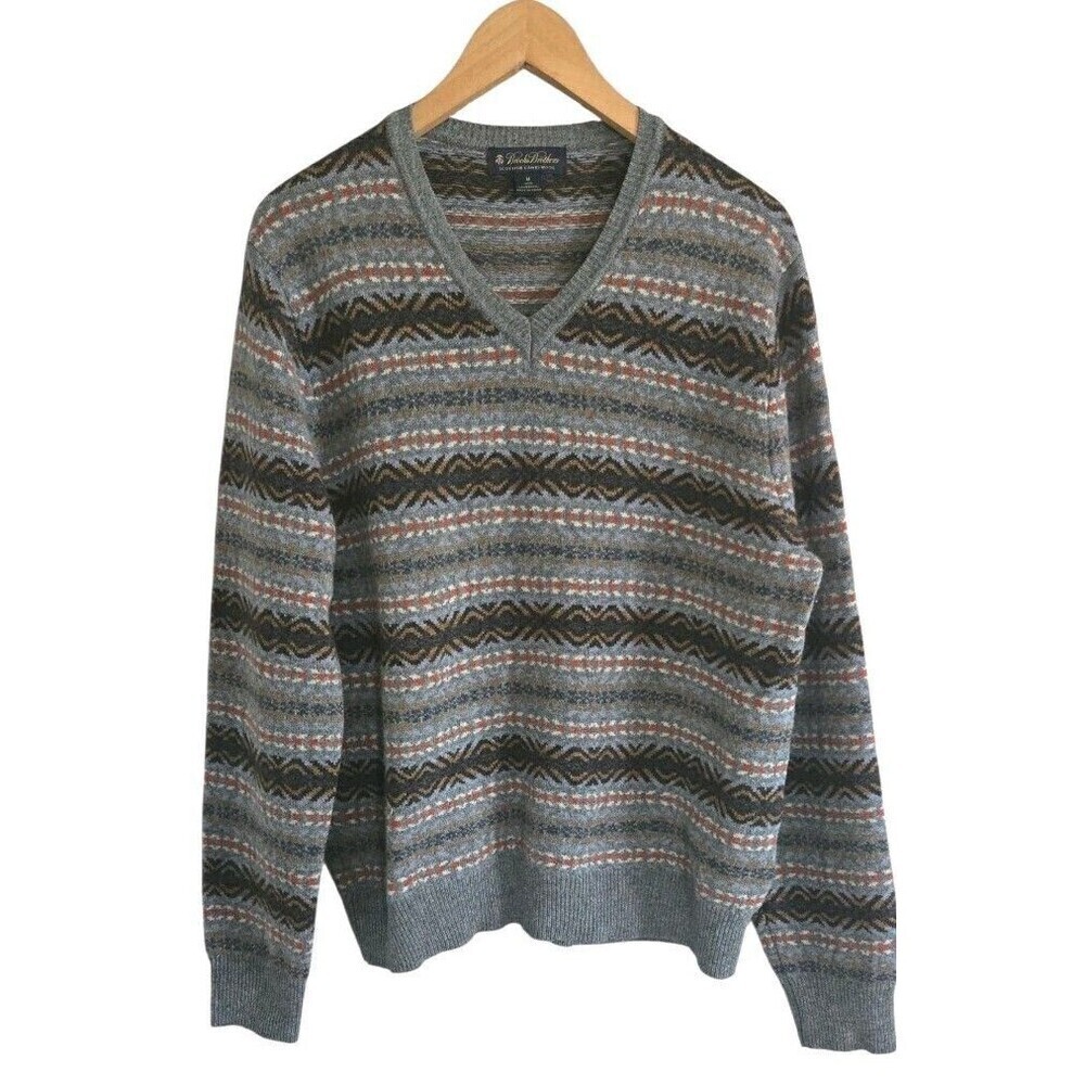Brooks Brothers Scottish Lambswool Sweater Gray Fair Isle  Mens  Medium
